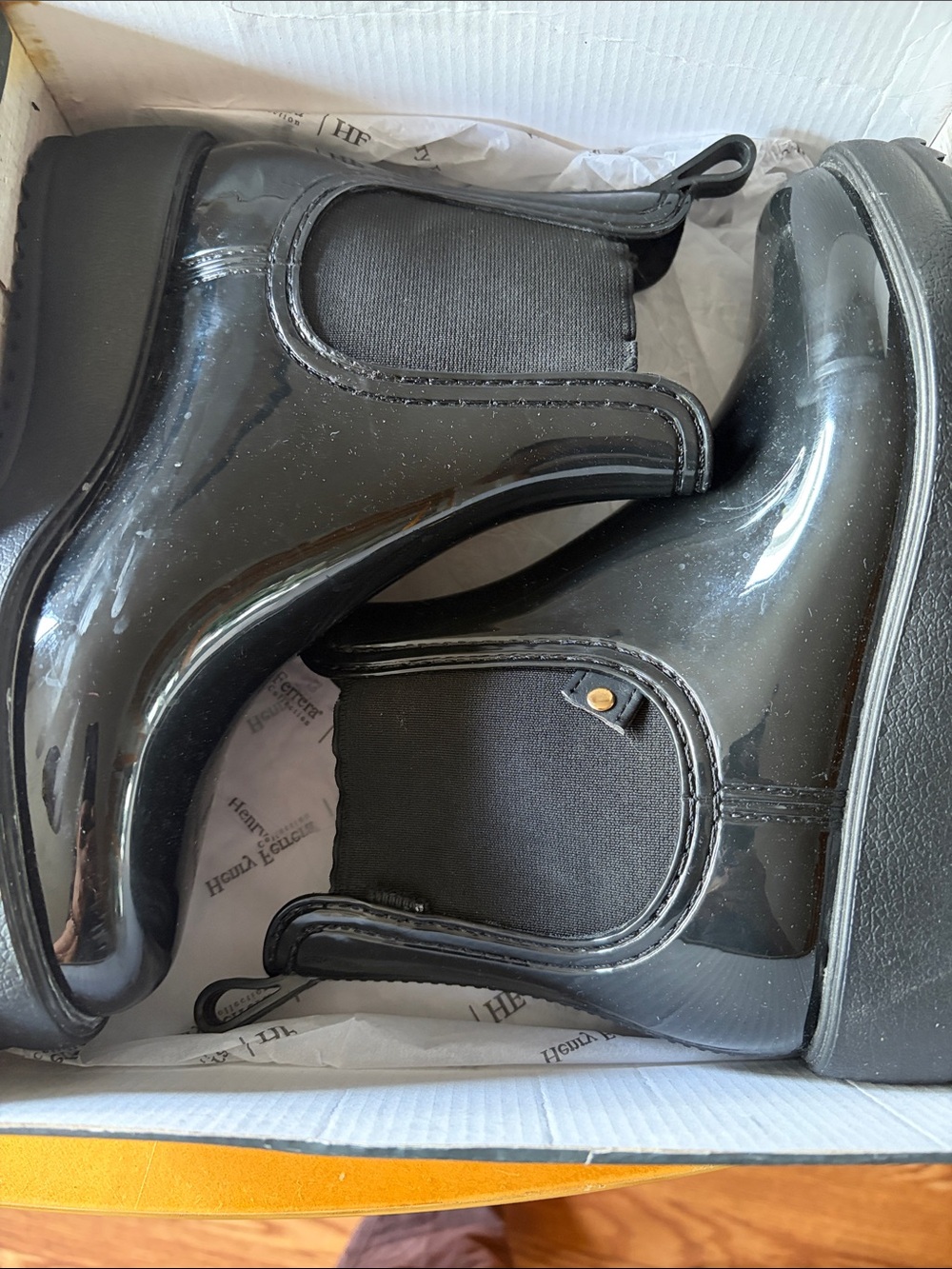 Women's Black Patent Chelsea Booties - Glossy Slip-On Rain Boots